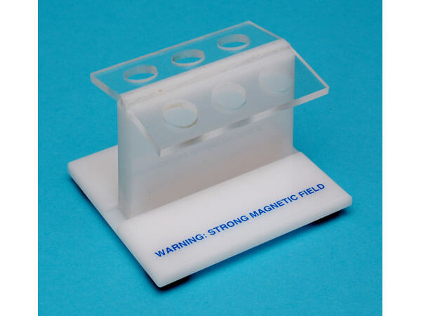 This magnetic separator is designed to accommodate up to six 1.5 mL micro centrifuge tubes.